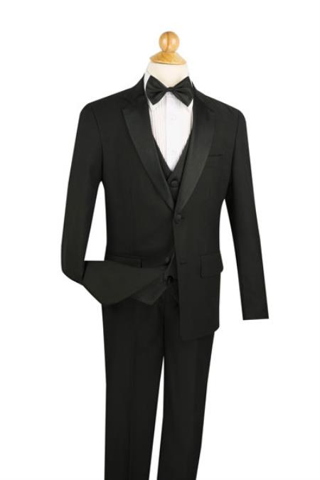 Two Button Children's 5 Piece Tuxedo Pleated Pant,Shirt And Bow Tie Children's Sizes Notch Lapel Black Wool Feel