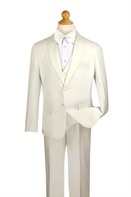 Children's Ivory Two Button Notch Lapel Wool Feel Kids Sizes 5 Piece Tuxedo Pleated Pant,Shirt And Bow Tie