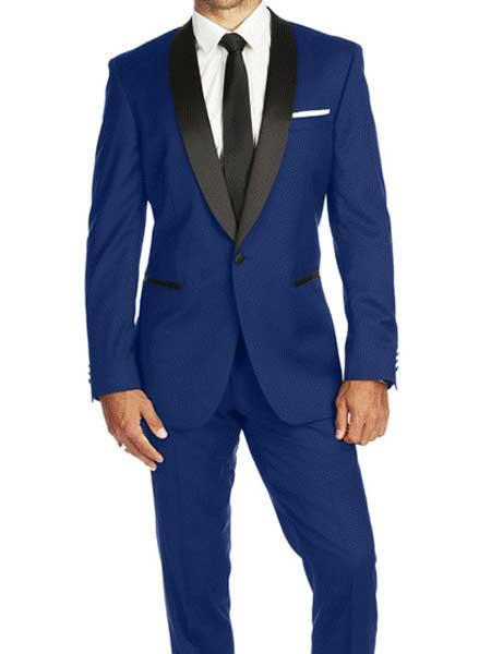 Mens Cobalt Blue ~ Indigo ~ Bright Blue ~ Teal ( Light Dark Navy ) With Black Lapel Shawl lapel 1 Single Button Tuxedo Suit 1