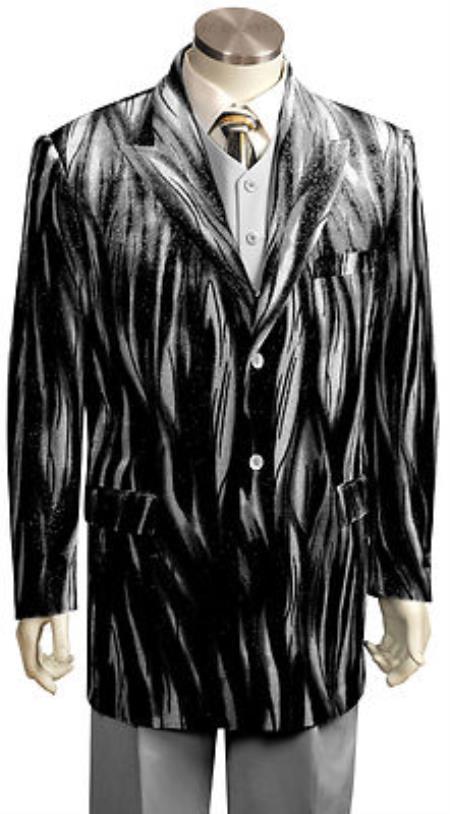 Mens Entertainer Black Silver Velvet Cool Sparkly Zebra Print Suit 1