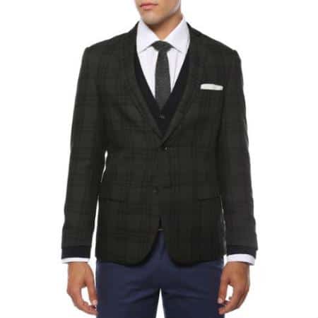 Mens Skinny Cut Tweed Seersucker Pattern Black and Grey Blazer 1