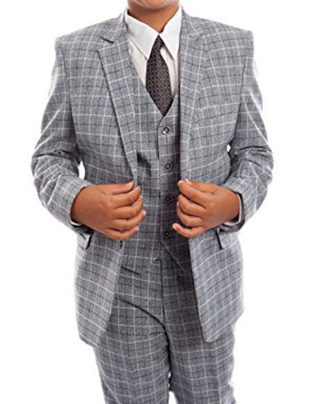 Children's 3-Piece checkered check pattern Tuxedo Gray Suit Set With Matching Shirt & Tie