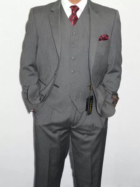Men's Three Piece Vested Suit Mini Herringbone Tweed Gray