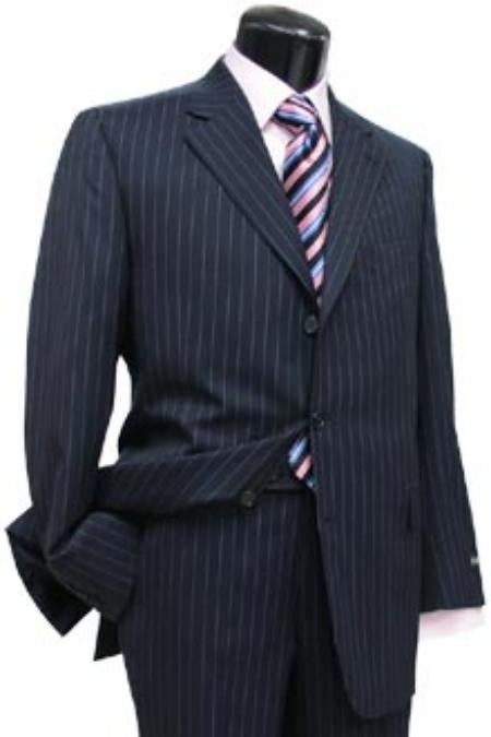 Navy Blue Suit For Men Pin Stripe ~ Pinstripe 2 or Three ~ 3 Buttons Side Vent Jacket Super 150's Wool feel poly~rayon Suit 1