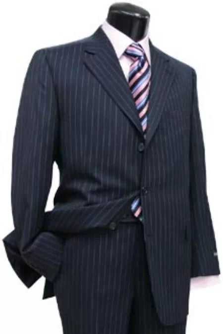 Navy Blue Suit For Men Pin Stripe ~ Pinstripe 2 or Three ~ 3 Buttons Side Vent Jacket Super 150's Wool feel poly~rayon Suit