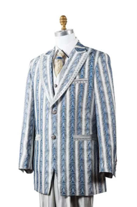 Men's Unique Blue - Artistic Stripe ~ Pinstripe 2 Button Vested 3 Piece Fashion Suit Trimmed Pleated Pants Fashion Tuxedo For Men 1