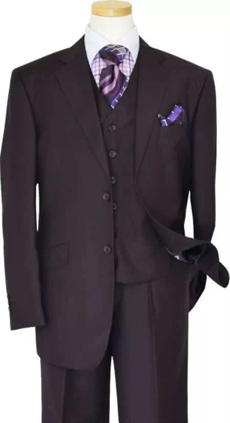Notch Lapel Solid Very Dark Purple With Very Dark Purple Hand-Pick Stitching Super 150'S Wool Vested three piece suit 1