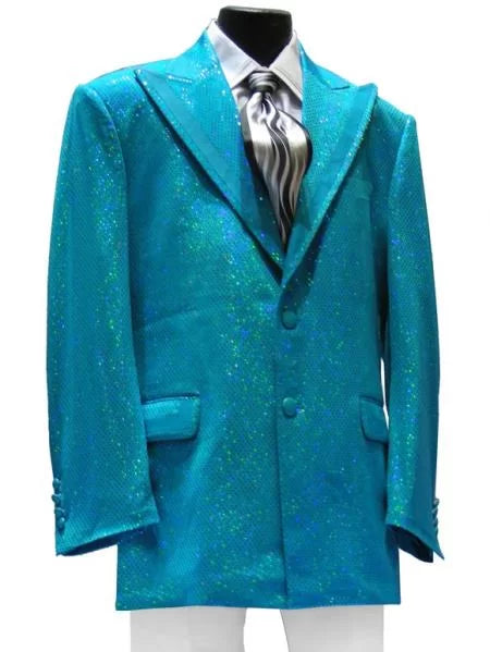 Men's High Fashion 2 PC 2 Button Peak Lapel Jacket + Pants With Glitz Turquoise ~ Light Blue Stage Party Suit