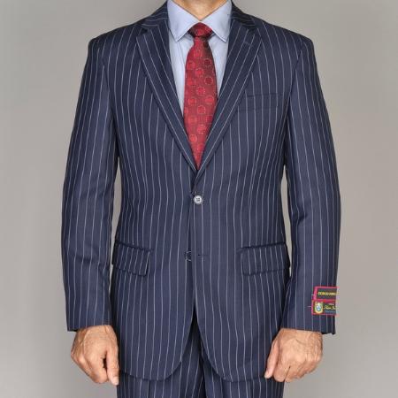 Side Vented Jacket & Flat Front Pants Chalk Bold Stripe Pinstripe New Dark Navy Blue Suit For Men ( Indigo ~ Bright Blue ) 1