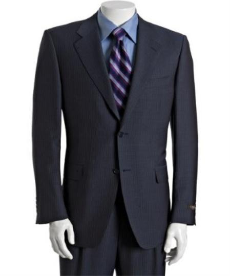 Mens Dark Navy Blue Suit For Men Pinstriped ~ Stripe Wool feel rayon fabirc 2-Button Suit With Single Pleated Pants 1