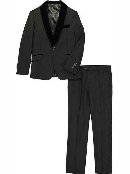 3 Pc Velvet Collar Shawl Lapel Kids Sizes Black Tuxedo Suit