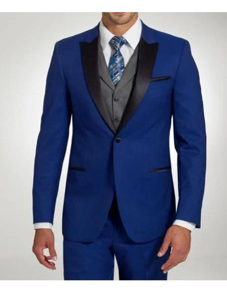 Mens Stylish One Button Peak Black Lapel Cobalt Blue Trim Fit Suit 1