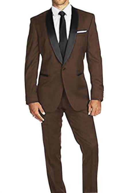 Authentic Braveman Men's Slim Fit 1 Button Satin Shawl Lapel Dark Brown Tuxedo Suit Super 150's Wool Jacket + Pants Vest