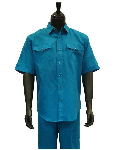 Men's Short Sleeve Teal Blue Linen 2 Piece Casual Casual Two Piece Walking Outfit For Sale Pant Sets Suit 1