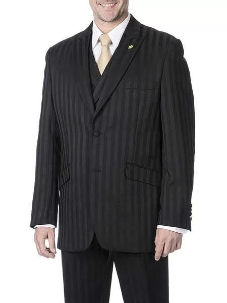Men's 3 Piece Peak Lapel Tone on Tone Shadow Stripe Black On Black Striped Single Breasted Polyester Vest Suit