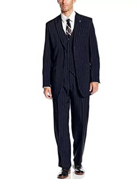 Men's 3 Piece Peak Lapel Polyester Single Breasted Pinstripe Big & Tall Dark Navy Blue Suit For Men
