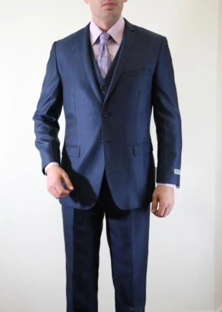 Slate Indigo ~ Bright Blue Pinstripe Italian Slim Fitted Herringbone Tweed Two Button Three Piece Vested Suits 1