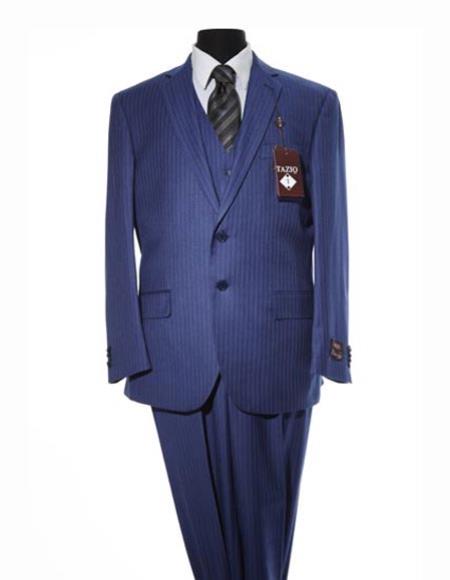 Men's Pinstripe Design Notch Lapel 2 Button Dark Navy Blue Suit For Men With Matching Vest 1