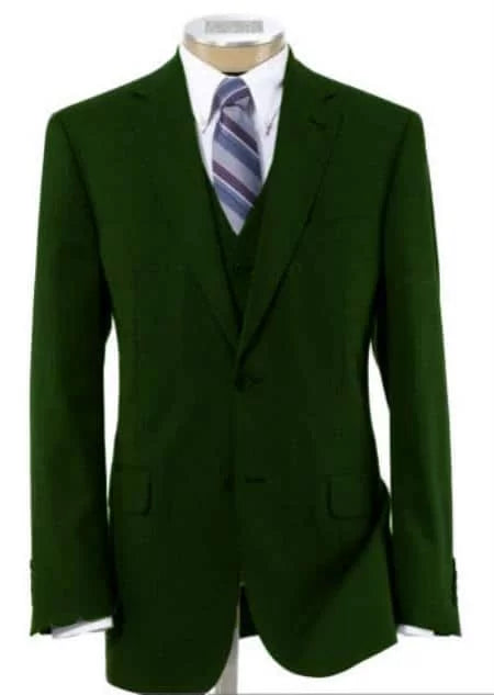 Men's 2 Button Wool Vested Dark Green Suit with Pleated Trousers 1