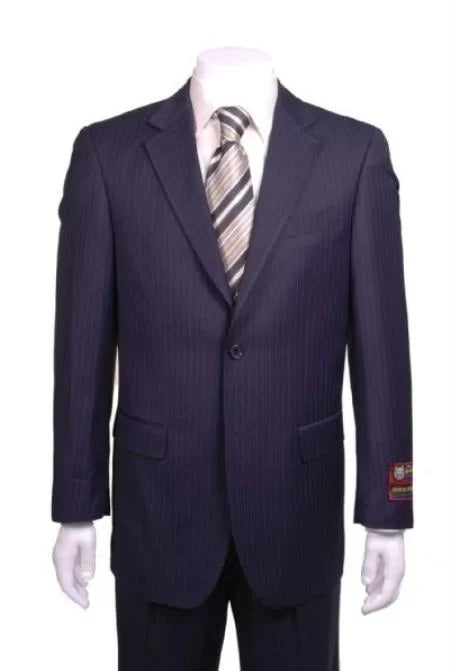 Stripe ~ Pinstripe Modern Fit 2 Button Vented without pleat flat front Pants Dark Navy Blue Suit For Men 1