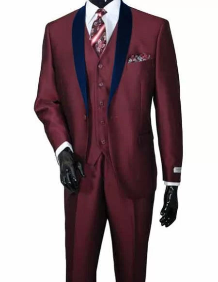 Mens 2 Piece Two Toned Shawl Lapel Vested Burgundy ~ Wine ~ Maroon Color Sharkskin Shiny Dark Navy Blue Lapel Suit 1