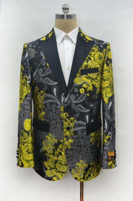 Fancy Fashion Yellow ~ Gold And Black Paisley Blazer Dinner Jacket Perfect Wedding Or Prom