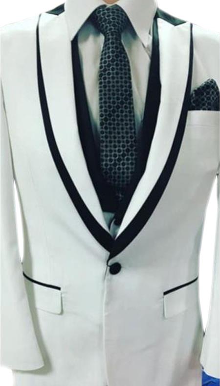 Mens Prom / Wedding Black Trimmed Tuxedo Vested 3 Piece Suits Peak Lapel + Color 1