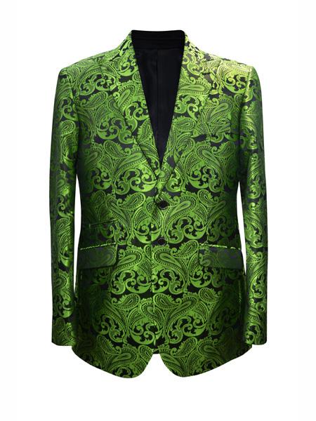 Mens 2 Button Paisley Designed Lime Sport Coat Blazer Two Toned Tuxedo Mix With Black Dinner Jacket 1