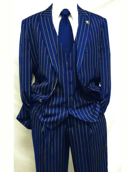 Mens Dark Navy Blue ~ White Gangster Bold PinStripe Mars Vested 3 Piece Fashion Suit Pleated pant 1