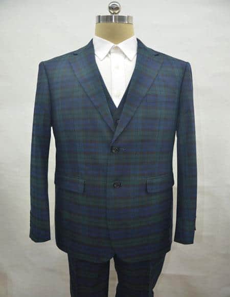 Slate Indigo ~ Bright Blue Pinstripe Italian Slim Fitted Herringbone Plaid Two Button Three Piece Vested Suits 1
