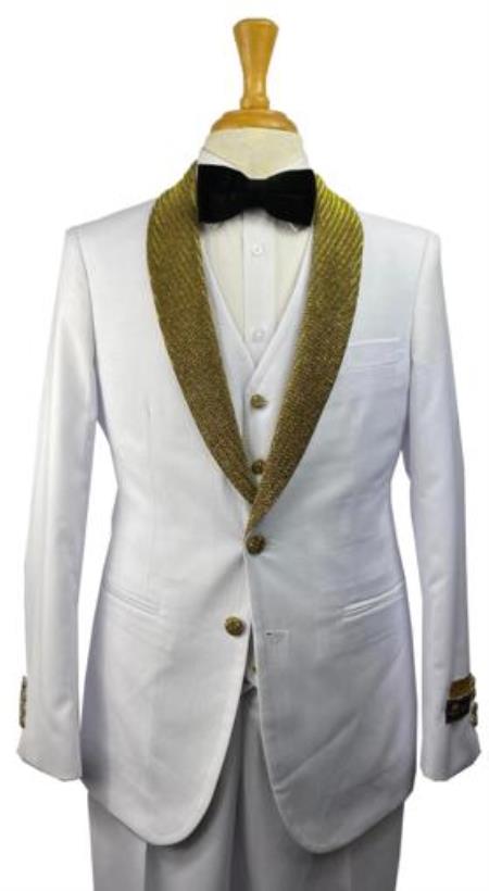 White And Gold Tuxedo Vested 3 Pieces Suits